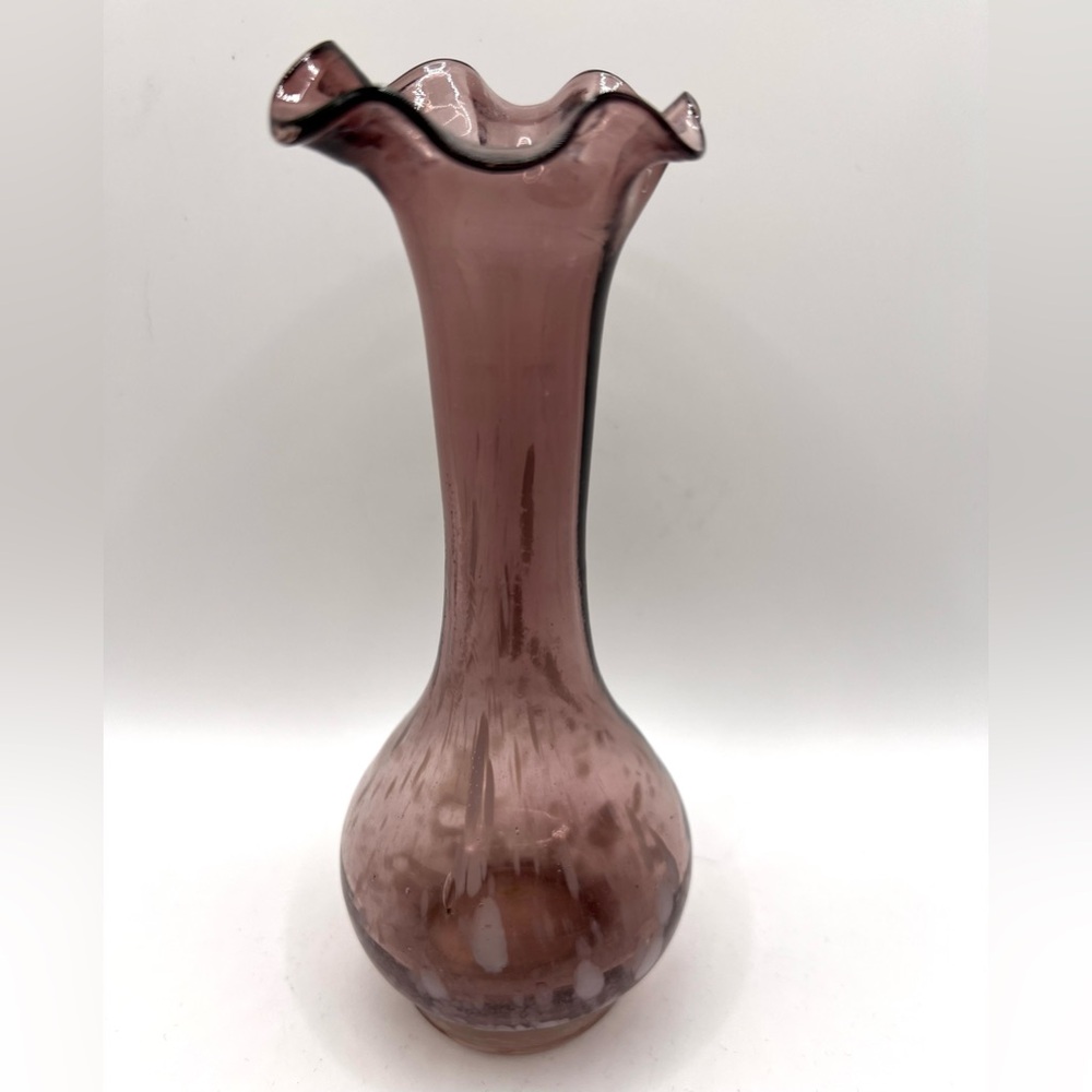 Vintage Purple Handblown Art Glass Bud Vase Ruffled Edges White Mottled 6.5 in